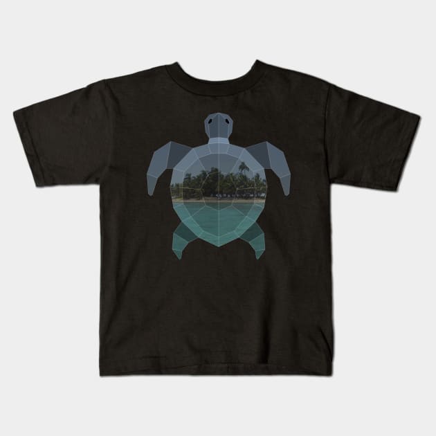 Sea Turtle Low Poly Double Exposure Art Kids T-Shirt by Jay Diloy